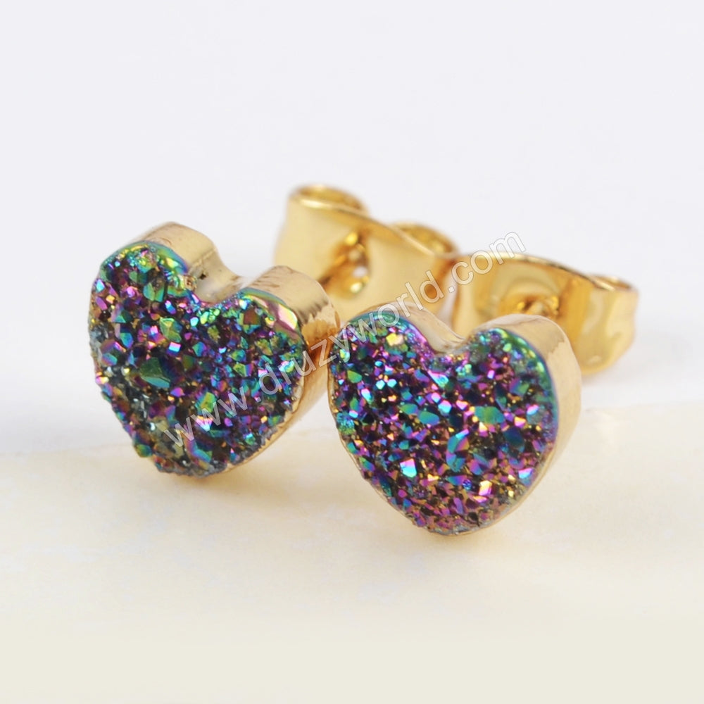 Heart 8mm Titanium Agate Rainbow Druzy Stud Earrings Gold Plated, Drusy Jewelry For Women G1328