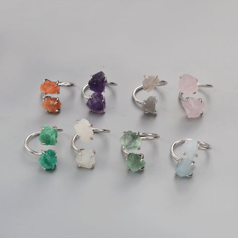 Silver Plated Claw Raw Double Gemstone Adjustable Ring, Healing Crystal Ring Jewelry ZS0447