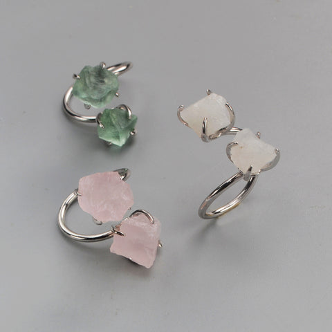 Silver Plated Claw Raw Double Gemstone Adjustable Ring, Healing Crystal Ring Jewelry ZS0447