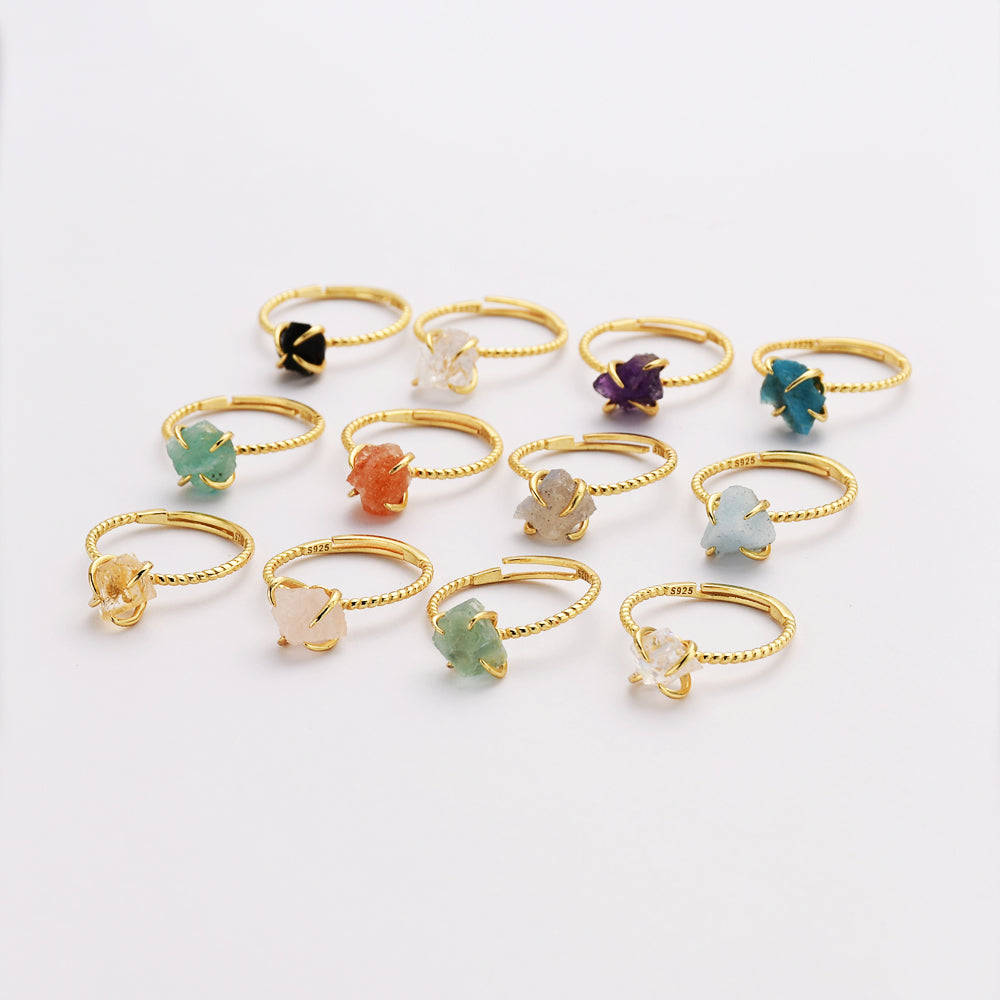 S925 Sterling Silver Gold Plated Rainbow Gemstone Healing Crystal Ring, Claw Stone Ring, Adjustable SS203