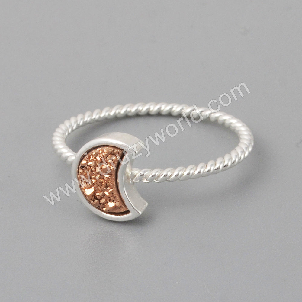 Silver Plated Crescent Moon Natural Titanium Druzy Bezel Ring ZS0295