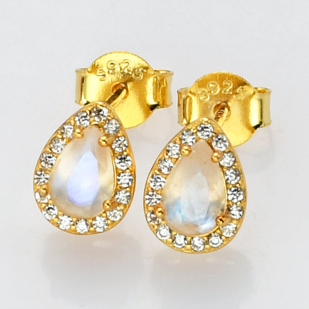 Teardrop S925 Sterling Silver Natural Moonstone CZ Micro Pave Stud Earrings, Healing Crystal Post Earring Jewelry SS247EG