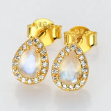 Teardrop S925 Sterling Silver Natural Moonstone CZ Micro Pave Stud Earrings, Healing Crystal Post Earring Jewelry SS247EG