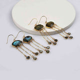 Gold Plated Oval Labradorite Faceted Tassels Dangle Earrings G2085
