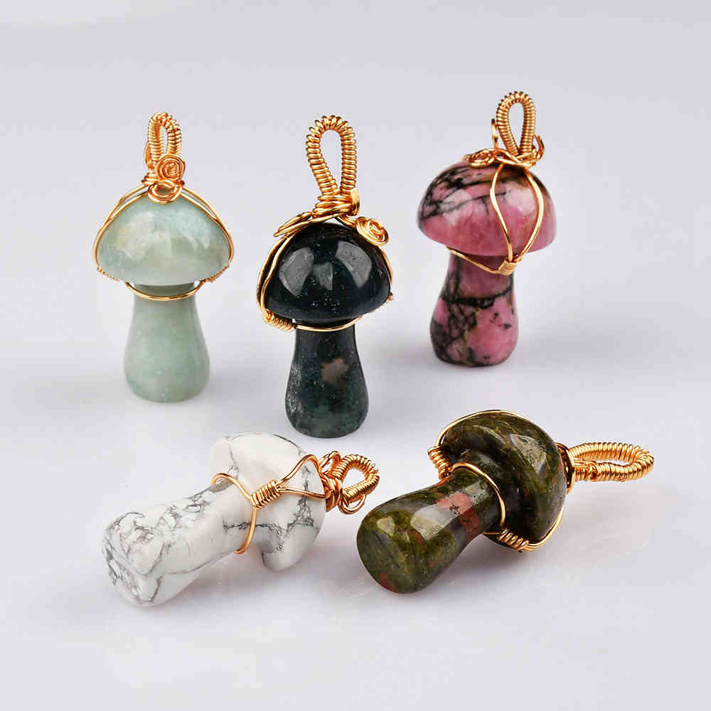 Small Mushroom Crystal Gemstone Pendant Wire Wrap Healing Crystal Stone Jewelry WX2121