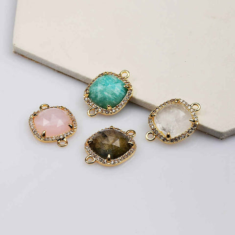 5 pcs Square Gold Plated Claw Gemstone Faceted CZ Micro Pave Connector briolette crystal stone charms WX2092