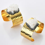 Gold Plated Angel Aura Quartz Cluster Point Rhinestone Bangle Bracelet, AB White Crystal Cuff, Boho Jewelry G2095