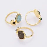 Hexagon Gold Plated Brass Gemstone Faceted Ring, Adjustable Open Ring, Natural Crystal Jewelry WX2195