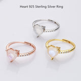 925 Sterling Silver Natural Moonstone Heart Ring Zircon Pave Ring, Adjustable Healing Crystal Jewelry Ring SS232