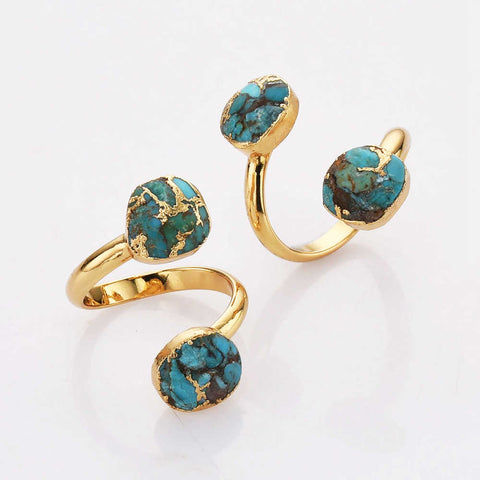 Adjustable Gold Plated Double Copper Turquoise Ring, Real Turquoise Aqua Gemstone Jewelry G2082