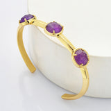 Gold Plated Brass 3-Round-Gemstone Faceted Bangle, Healing Crystal Quartz Cuff Bracelet  ZG0493