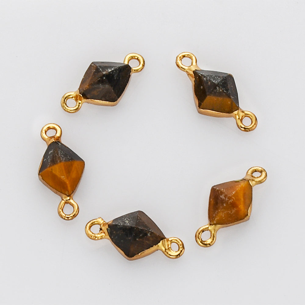 Tiny Gold Plated Tiger's Eye Connector, Diamond Faceted Shape, Gemstone Charm, For Jewelry Making AL610