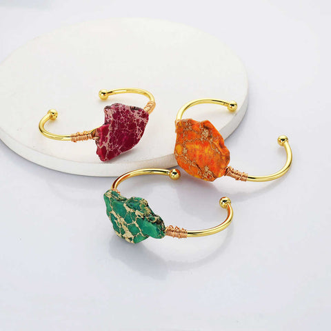 Gold Plated Brass Wire Wrap Rainbow Sea Sediment Jasper Bangle Bracelet WX2081