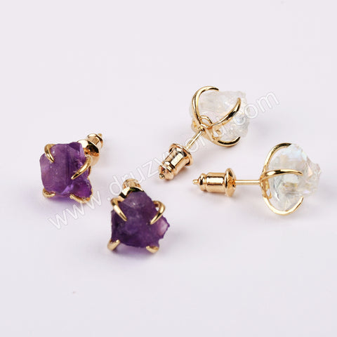Gold Claw Raw Gemstone Stud Earrings, Prong Set Crystsal Earring, Healing Stone Jewelry ZG0446