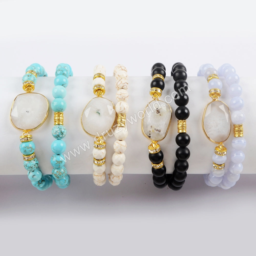 Gold Plated Natural White Solar Quartz Faceted With 8mm Stone Beads Layer Bracelet G1549