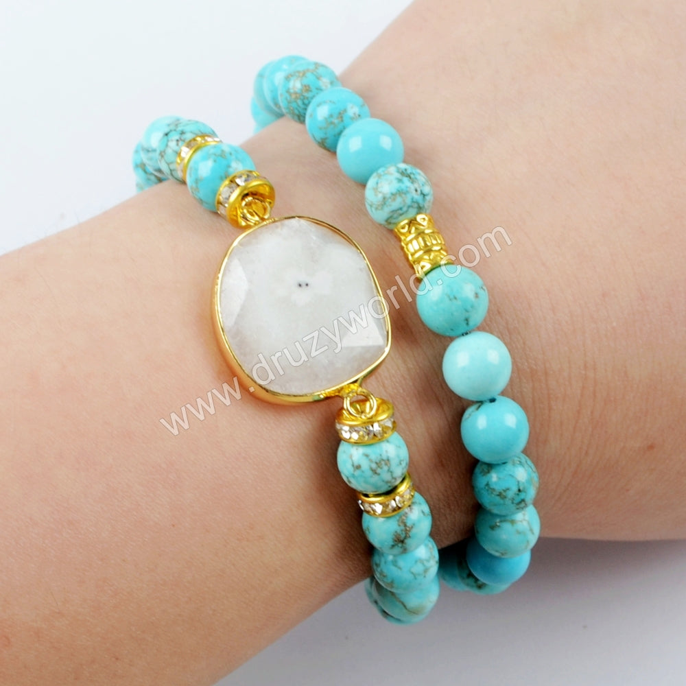 Gold Plated Natural White Solar Quartz Faceted With 8mm Stone Beads Layer Bracelet G1549