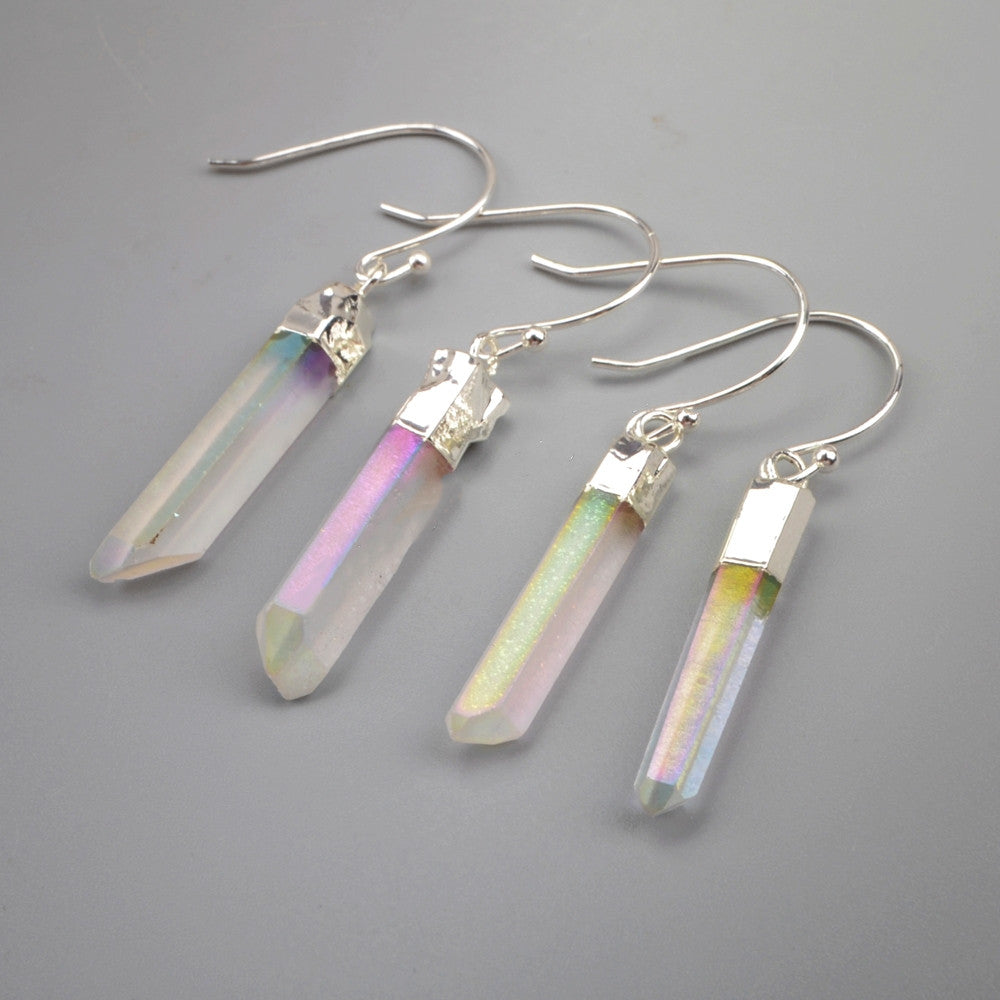 Silver Plated Angel Aura Quartz Titanium Healing Crystal Point Earrings S1606
