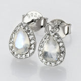 Teardrop S925 Sterling Silver Natural Moonstone CZ Micro Pave Stud Earrings, Healing Crystal Post Earring Jewelry SS247EG