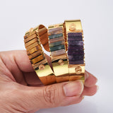 Gold Plated Brass Wire Wrap Gemstone Bangle Bracelet, Crystal Stone Cuff WX2197