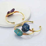 Gold Plated Brass Wire Wrap Rainbow Sea Sediment Jasper Bangle Bracelet WX2081