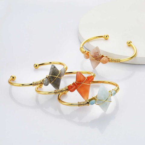 Diamond Shape Beads Gold Wire Wrap Gemstone Bracelet Crystal Stone Bracelet Jewelry WX2094