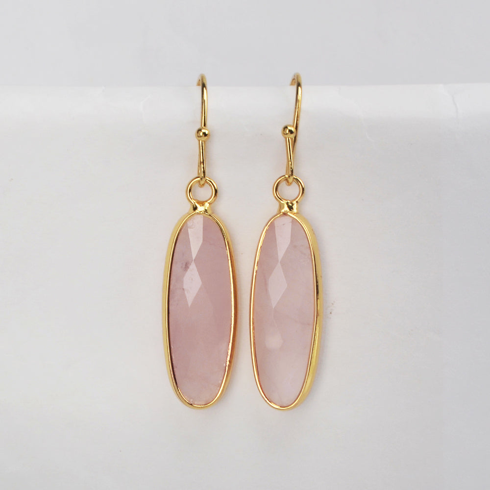 Gold Plated Long Oval Amazonite Moonstone Faceted Crystal Dangle Earrings G2060