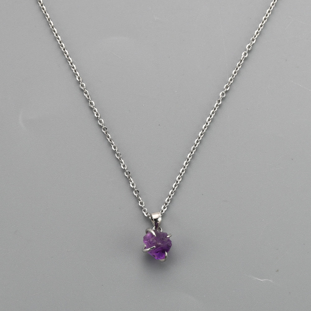16" Silver Plated Claw Tiny Rainbow Natural Gemstone Necklace, Raw Healing Crystal Stone Pendant Necklace, Birthstone Necklace Jewelry ZS0479-N