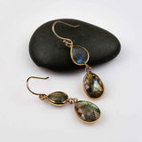 Double Teardrop Gold Plated Natrual Labradorite Faceted Dangle Earrings Briolette Crystal Gemstone Earrings G2087