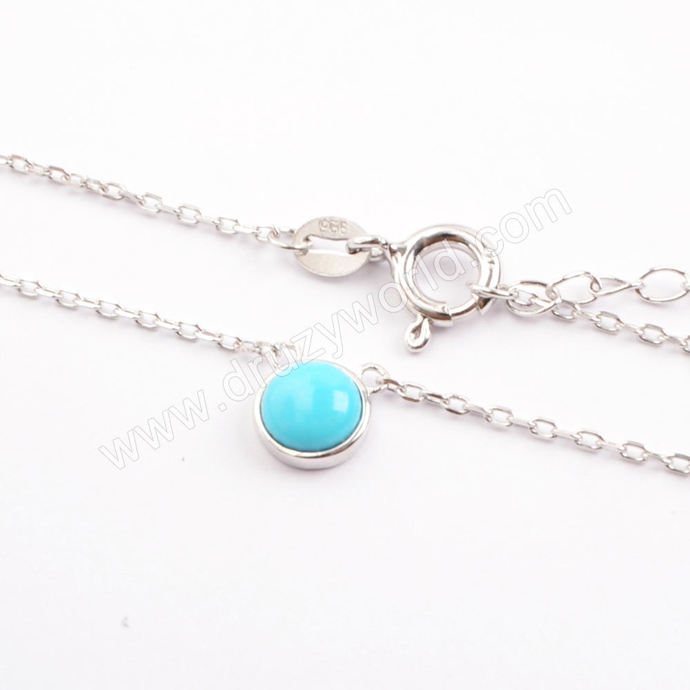 16" 925 Sterling Silver Round Natural Turquoise Necklace SS198