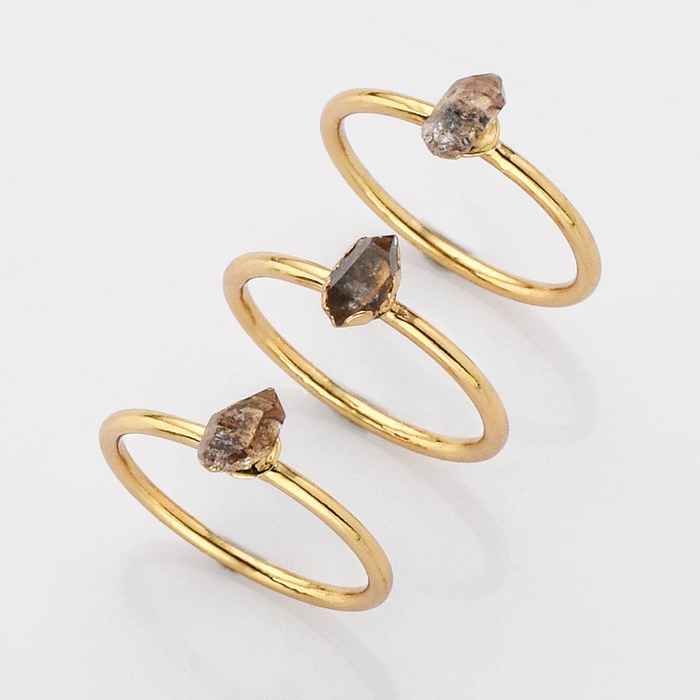 Gold Plated Tiny Raw Herkimer Diamond Ring, Healing Crystal Quartz Jewelry G2099