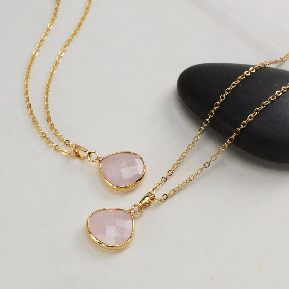 18" Gold Plated Drop Rose Quartz Australia Jade Moonstone Faceted Necklace G2055-N