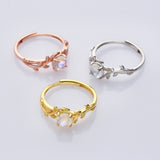 S925 Sterling Silver Round Natural Moonstone Faceted Ring, 18K Gold Leaf Ring, Adjustable, Healing Crystal Stone Jewelry SS240RG