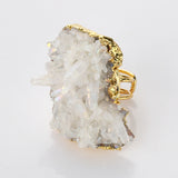 Gold Plated Angel Aura Quartz Titanium AB White Cluster Crystal Point Ring, Boho Jewelry G2094
