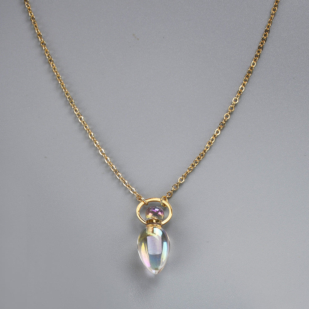 Gold Titanium AB White Natural Quartz Perfume Bottle Pendant & Necklace Jewelry G2064