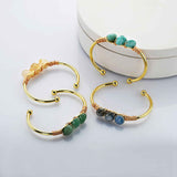 Gold Plated Brass Multi Gemstone Wire Wrap Bangle Bracelet, Healing Crystal Stone Cuff Handmade Boho Jewelry WX2075