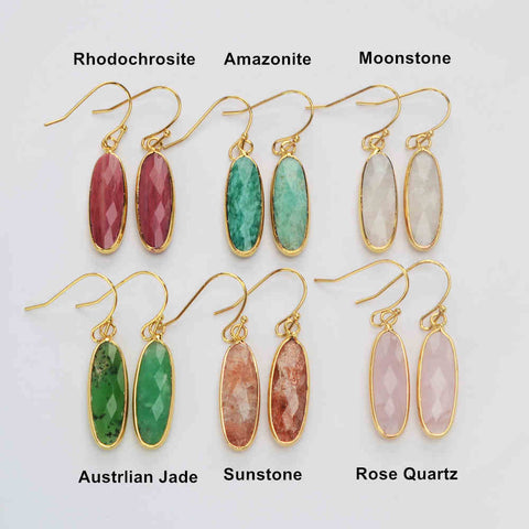 Gold Plated Long Oval Amazonite Moonstone Faceted Crystal Dangle Earrings G2060