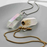 27" Angel Aura Quartz Hexagon Point Perfume Bottle Necklace, Titanium AB Color, Natural White Crystal Stone Bottle Necklaces WX2089