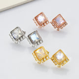 S925 Sterling Silver Diamond Moonstone Faceted Stud Earrings, Zircon Pave Crystal Fashion Earrings LM035