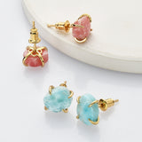 Gold Natural Rhodochrosite Claw Stud Earrings, Larimar Studs, Healing Gemstone Earrings ZG0497