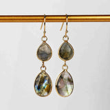 Double Teardrop Gold Plated Natrual Labradorite Faceted Dangle Earrings Briolette Crystal Gemstone Earrings G2087
