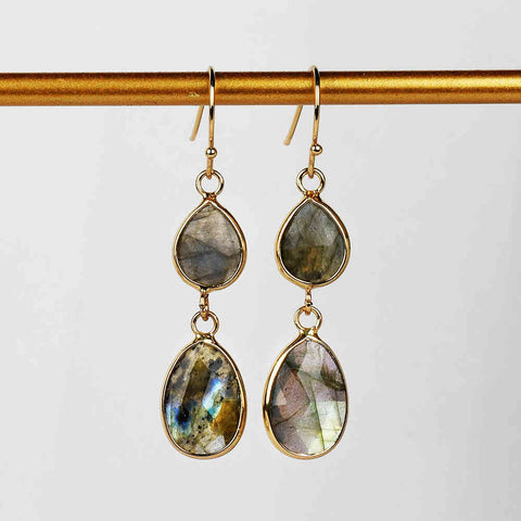 Double Teardrop Gold Plated Natrual Labradorite Faceted Dangle Earrings Briolette Crystal Gemstone Earrings G2087