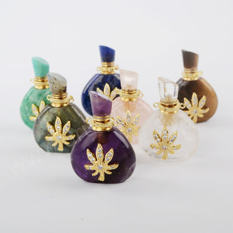 Gemstone Quartz Perfume Essence Oil Bottle 18K Gold Connector G1943