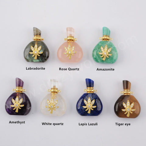 Gemstone Quartz Perfume Essence Oil Bottle 18K Gold Connector G1943