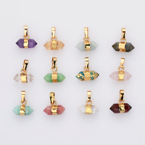 Gold Plated Small Hexagon Rainbow Gemstone Faceted Terminated Point Pendant G2089