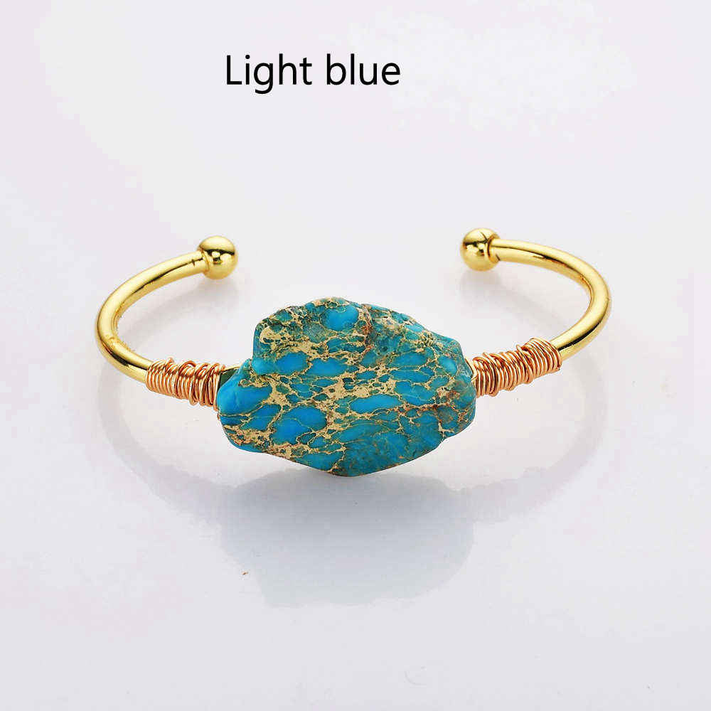 Gold Plated Brass Wire Wrap Rainbow Sea Sediment Jasper Bangle Bracelet WX2081