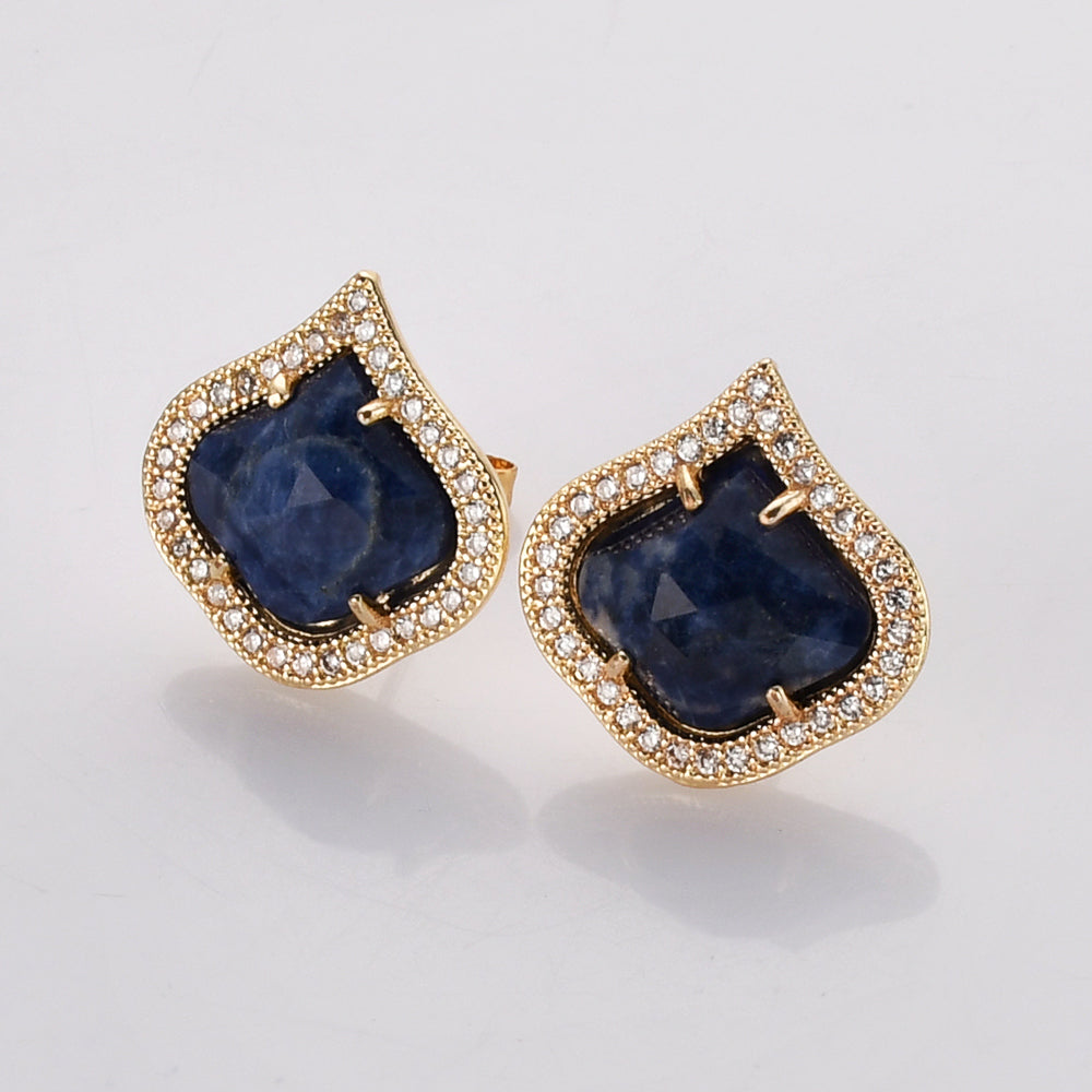 Teardrop Gold Plated Claw Natural Blue Sodalite Amazonite Micro Pave Stud Earrings, Faceted Crystal Stone Post Earrings, Fashion Jewelry WX2145