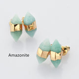 Gold Plated Hexagon Point Natural Gemstone Stud Earrings, Birthstone Earrings, Healing Crystal Stone Post Earrings, Wholesale Supply G2092