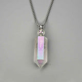 27" Angel Aura Quartz Hexagon Point Perfume Bottle Necklace, Titanium AB Color, Natural White Crystal Stone Bottle Necklaces WX2089