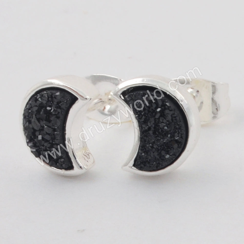 Silver Plated Bezel Crescent Moon Natural Titanium Druzy Studs Earrings ZS0282