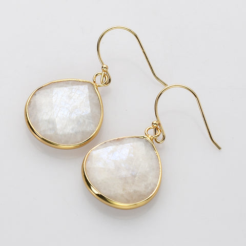 Gold Plated Natural Labradorite Faceted Dangle Earrings, Moonstone Teardrop Earrings G2096